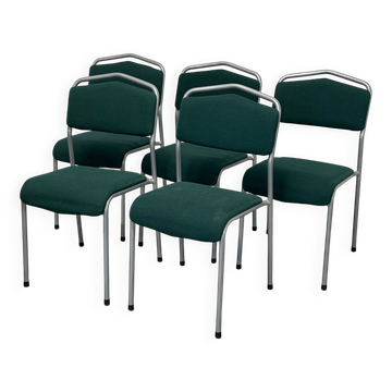 Set of 5 green padded vintage stackable chairs.