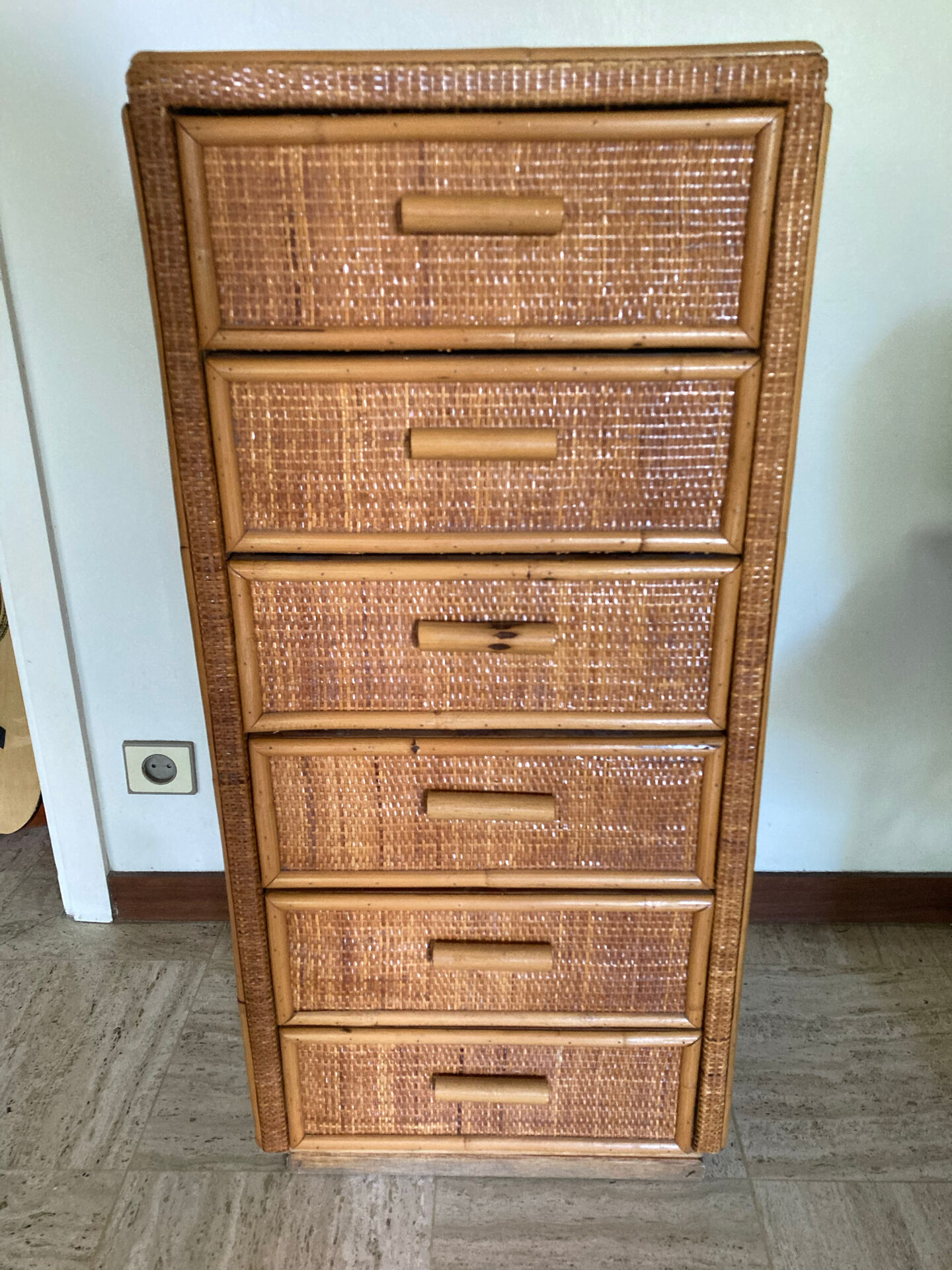 Vintage rattan chest of drawers with 6 drawers
