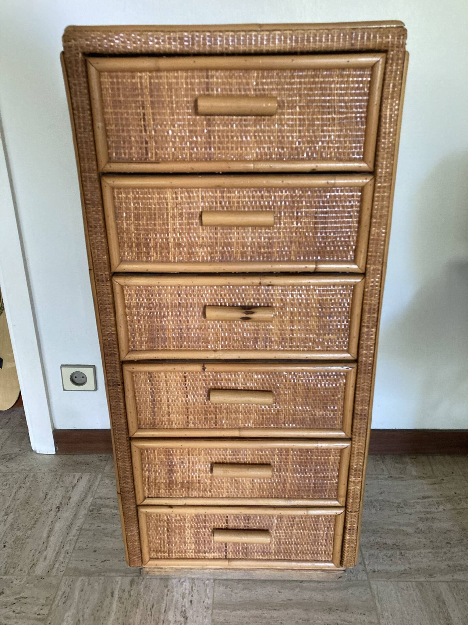 Vintage rattan chest of drawers with 6 drawers
