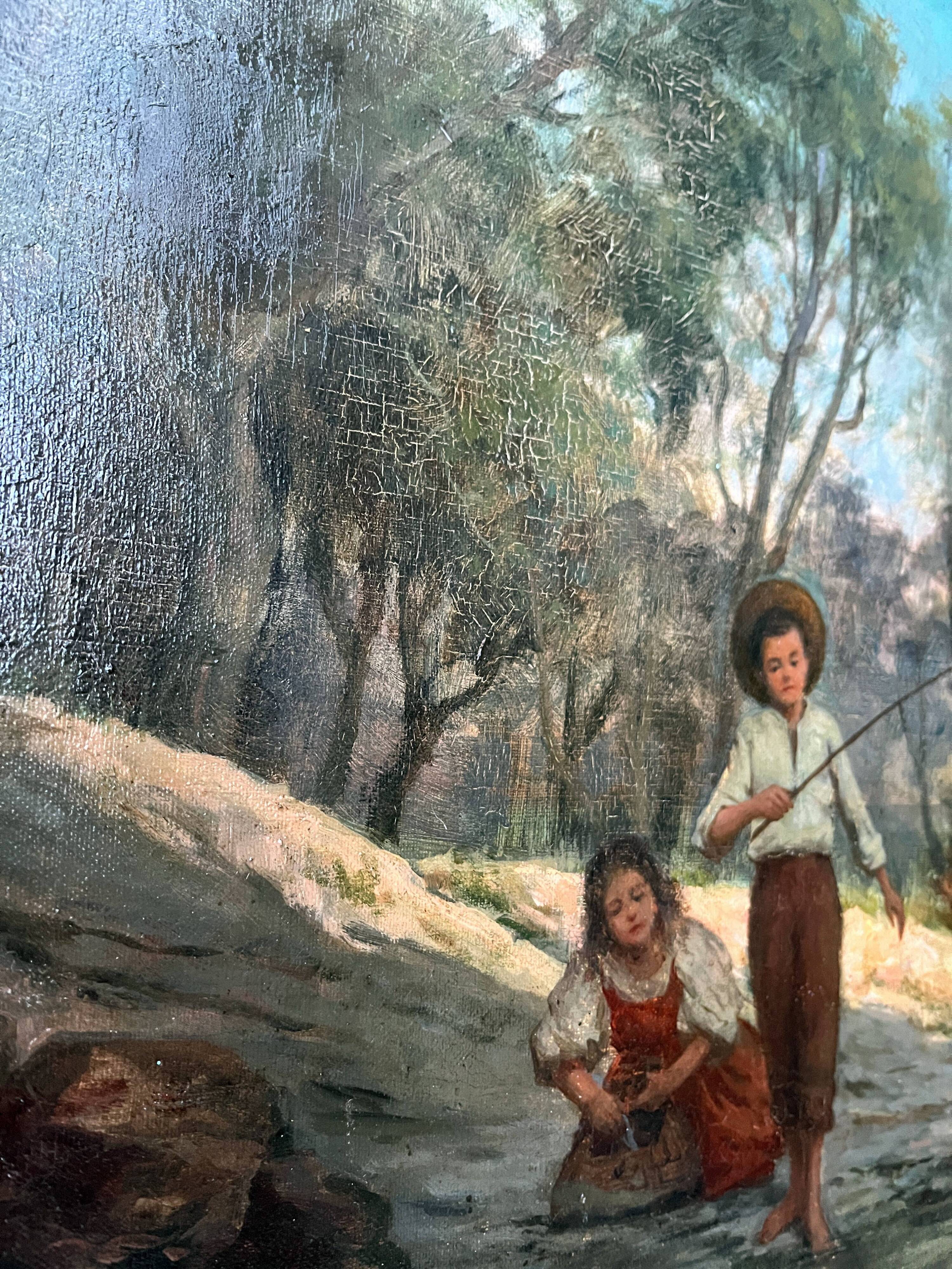 HST painting (19th/20th century) Children fishing in the undergrowth