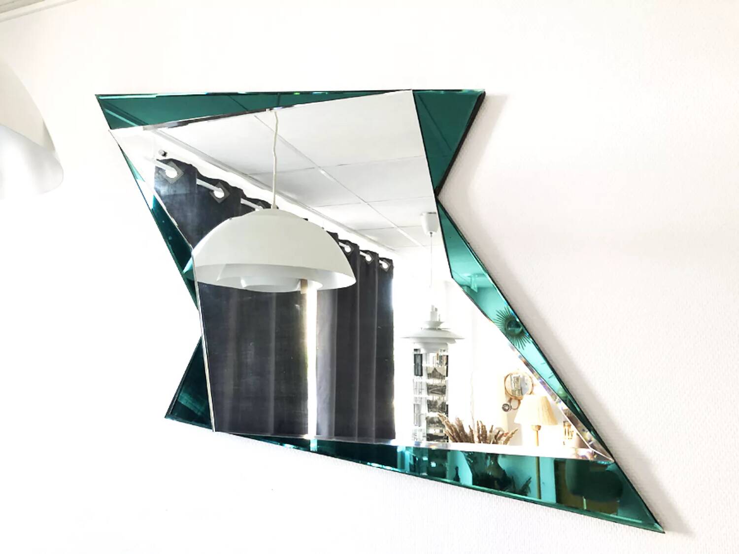 Emerald green geometric mirror – Italy, 1970s/1980s