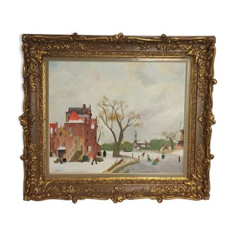 Oil on canvas, winter landscape, baroque setting