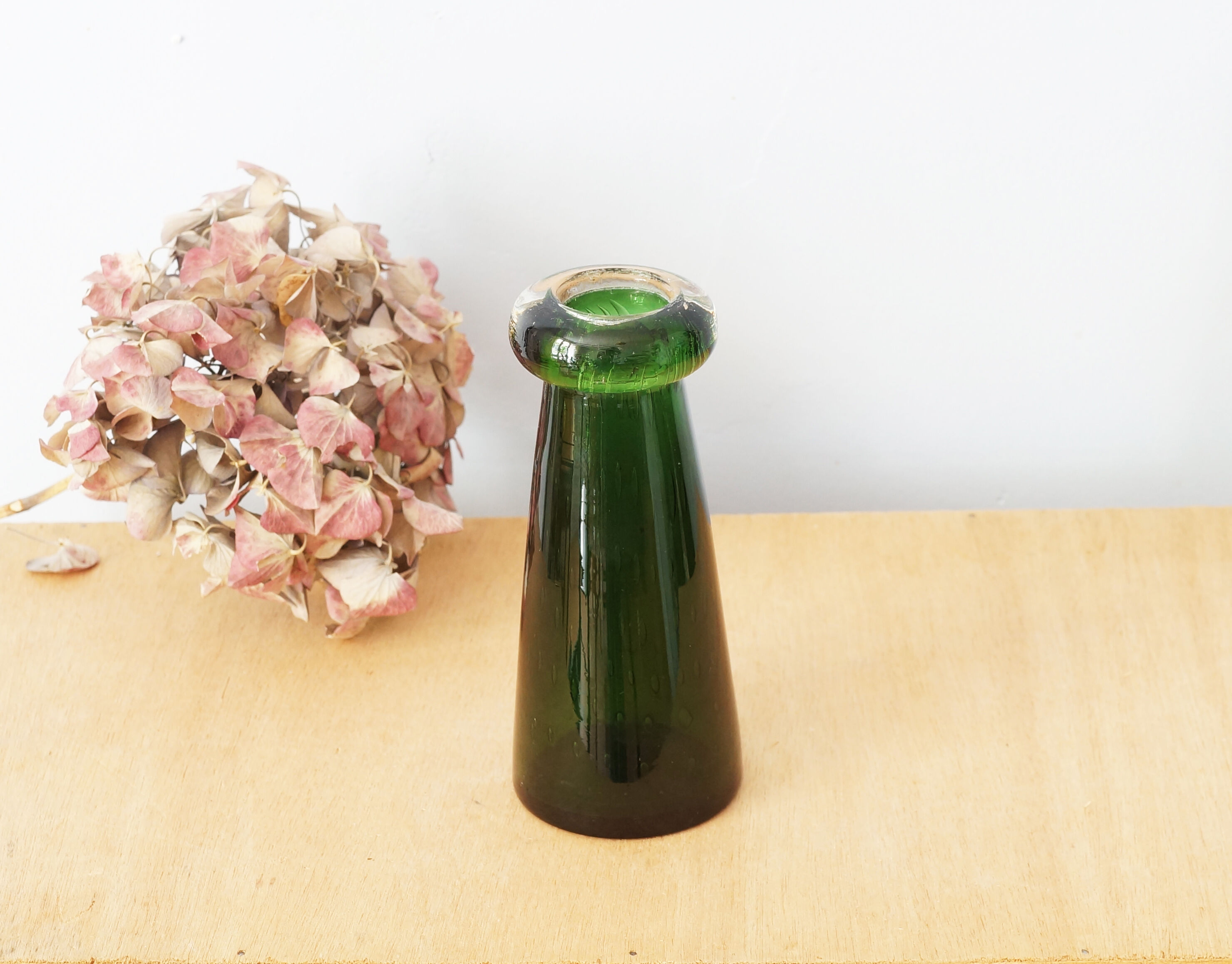 Green glass vase, bubbled blown glass, vintage