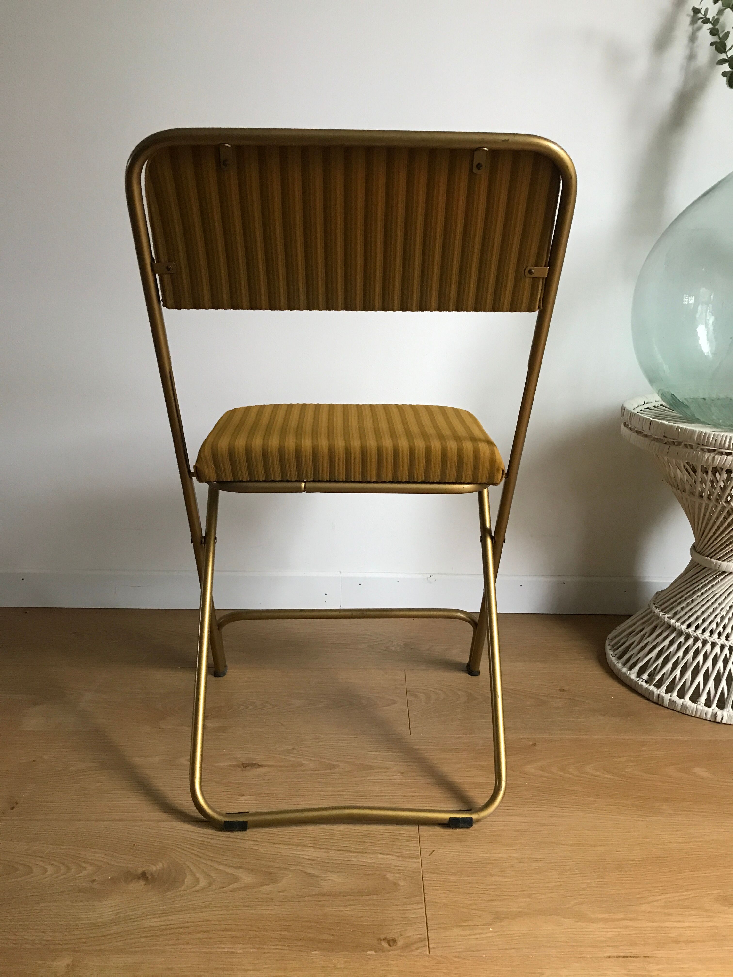 Vintage folding chair lafuma chantazur with striped gold fabric