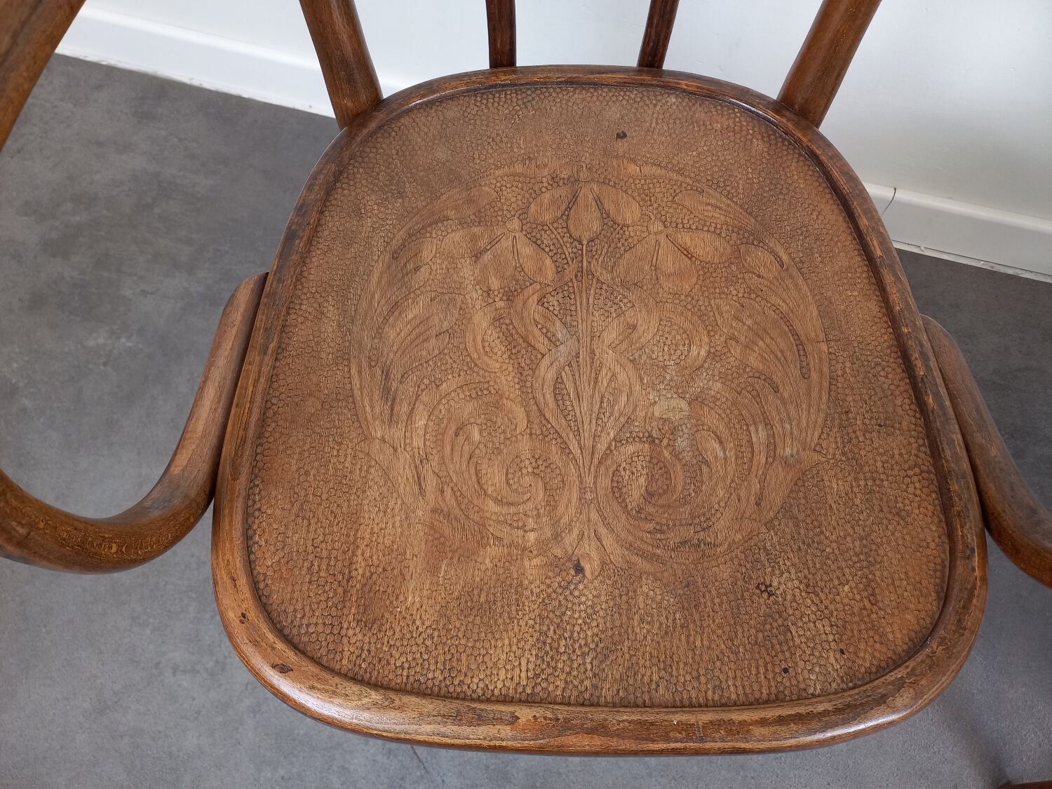 Pair of curved wooden bistro armchairs