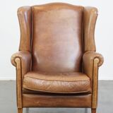 Cowhide Leather Wingback Chair in Light Cognac Color