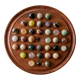 Vintage 1960s solitaire game, wooden board with stone marbles.