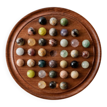Jeu de solitaire plateau en bois avec billes en pierre, années 1960
