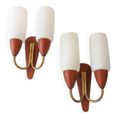 Pair of Danish Teak Wood Wall Lamps with White Opaline Glass Shade, 1950's