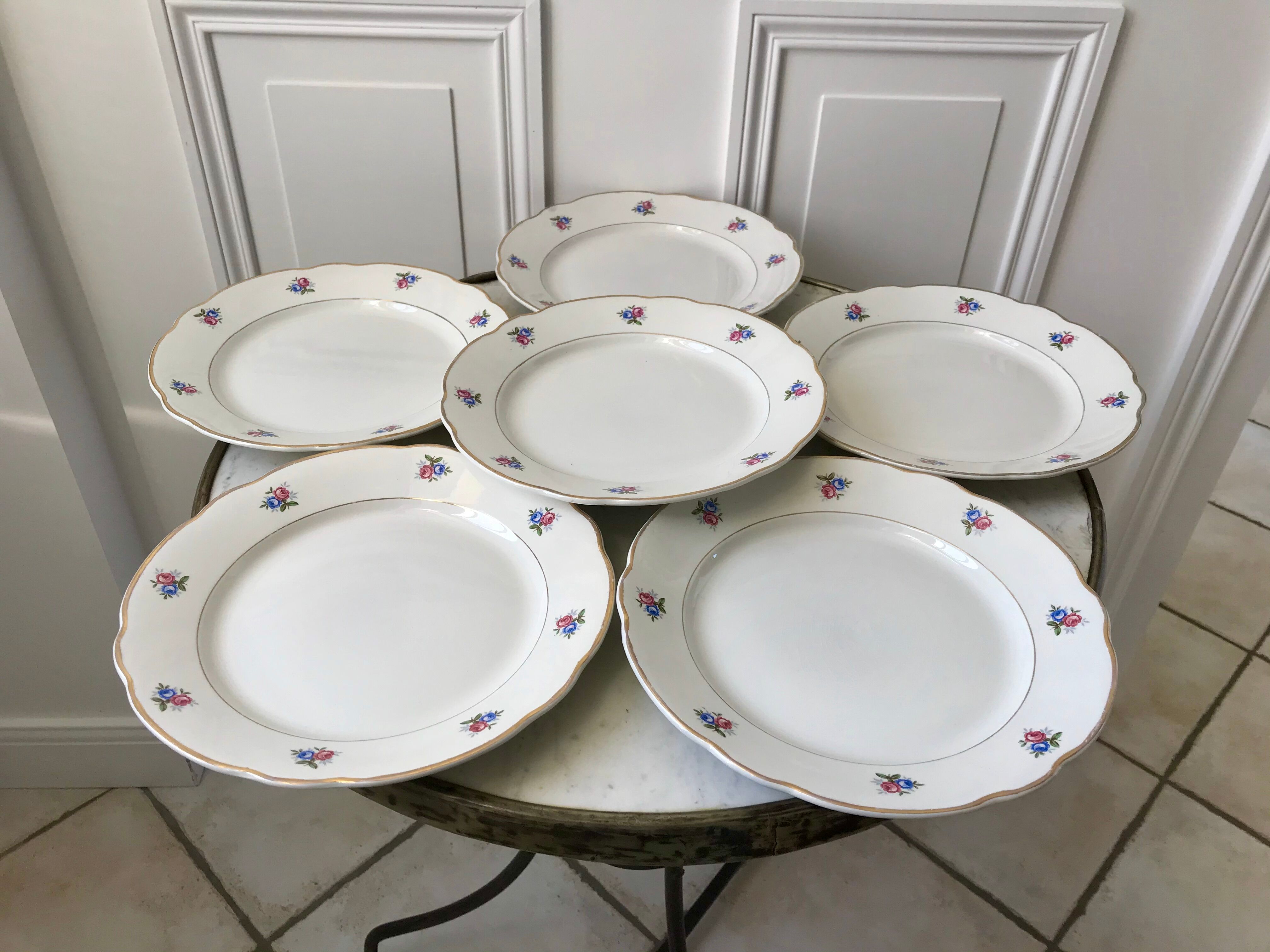 set of 6 flat plates Digoin Sarreguemines small flowers 50s