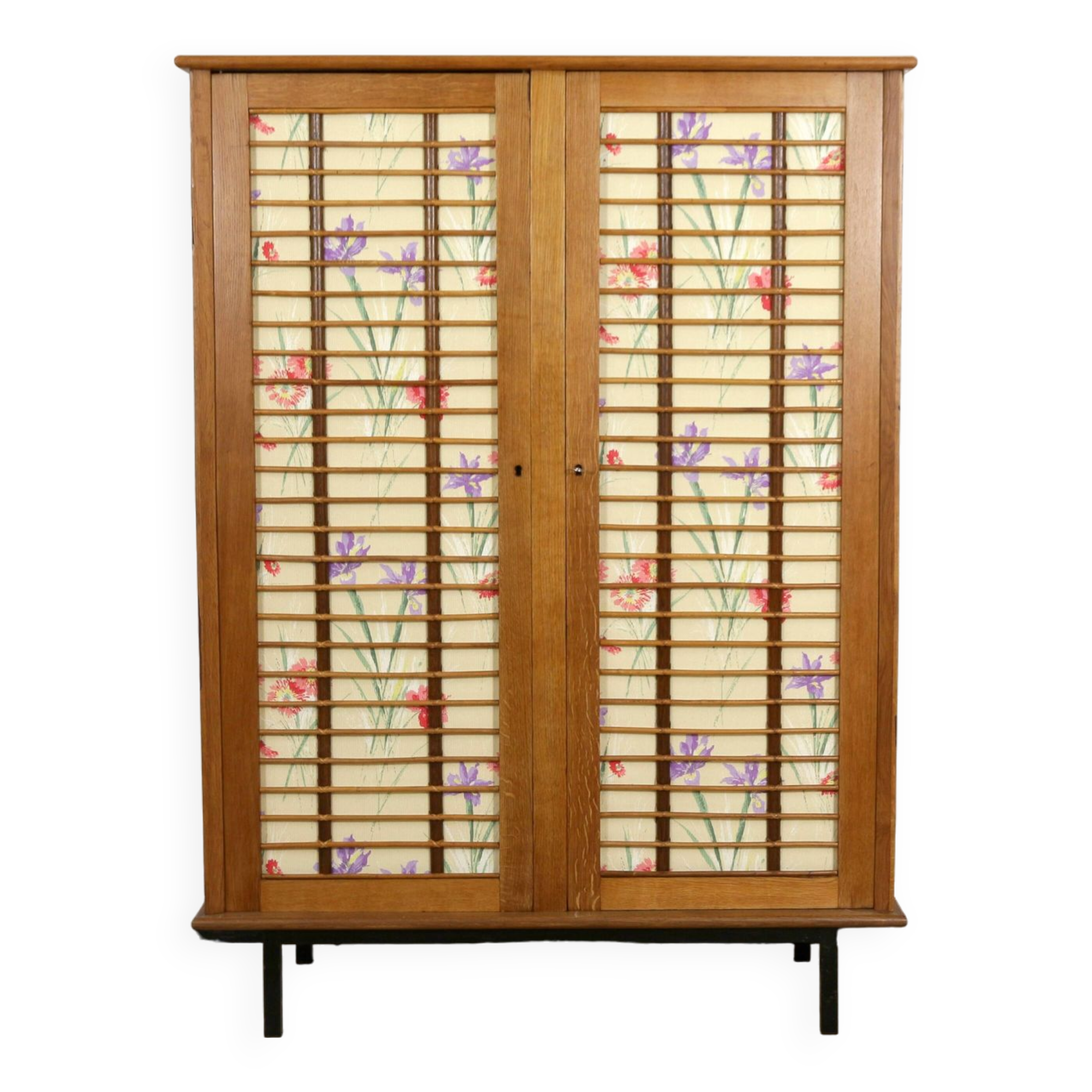 Vintage 1960 removable rattan and oak cabinet
