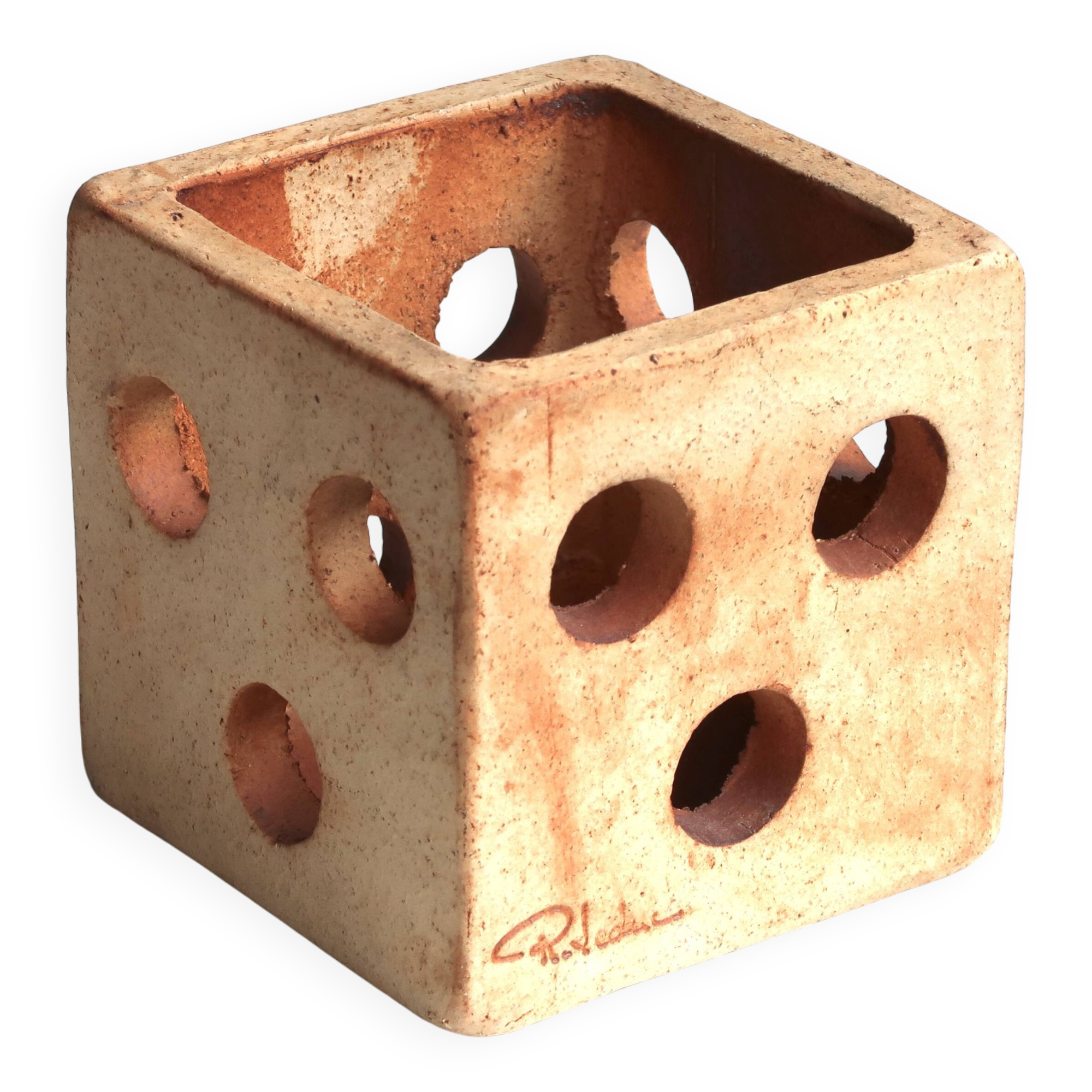 Ceramic cube candle holder by Raymonde Leduc, Vallauris, 1960s