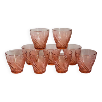 Neuf verres Vereco en verre Rose années 80