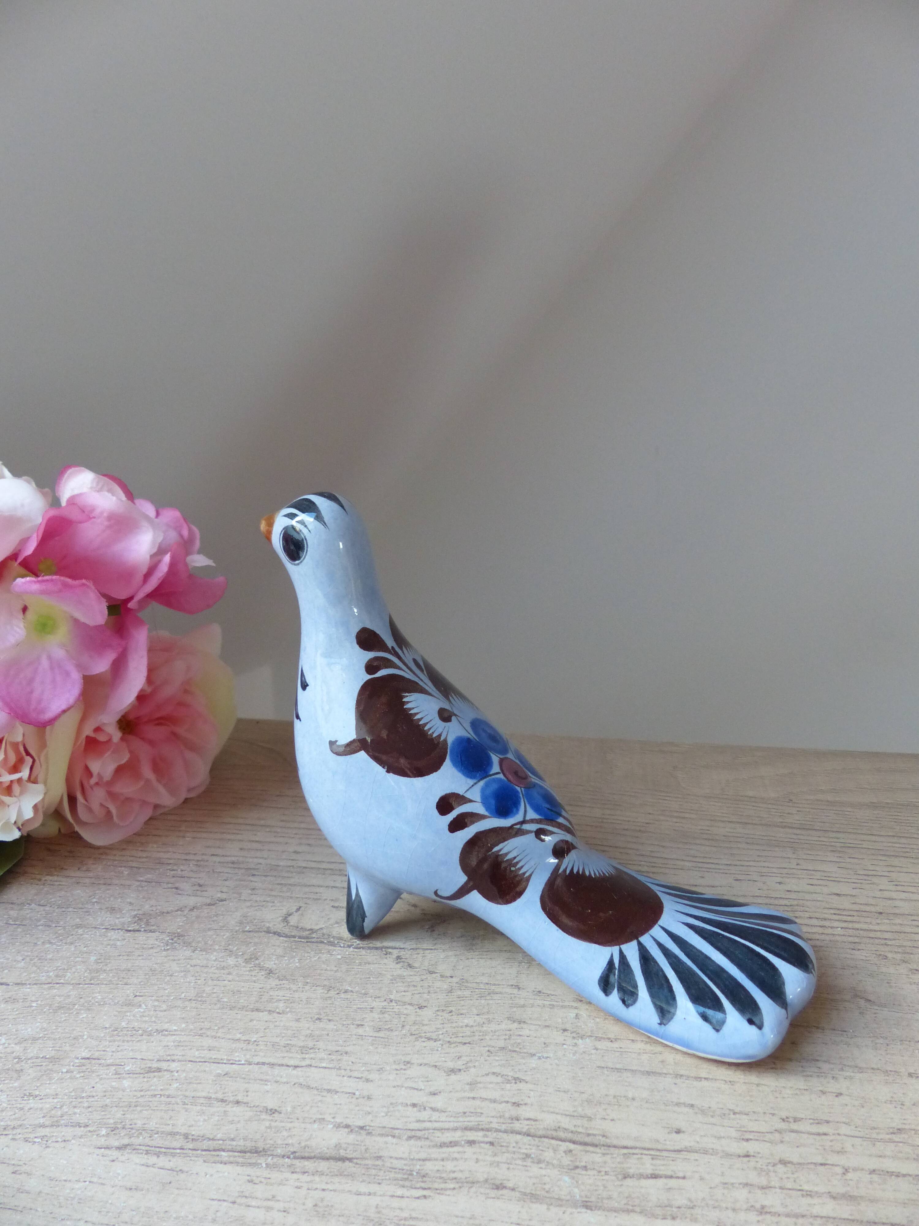 Bird figurine, large Tonala pottery dove with floral pattern Mexico vintage decoration