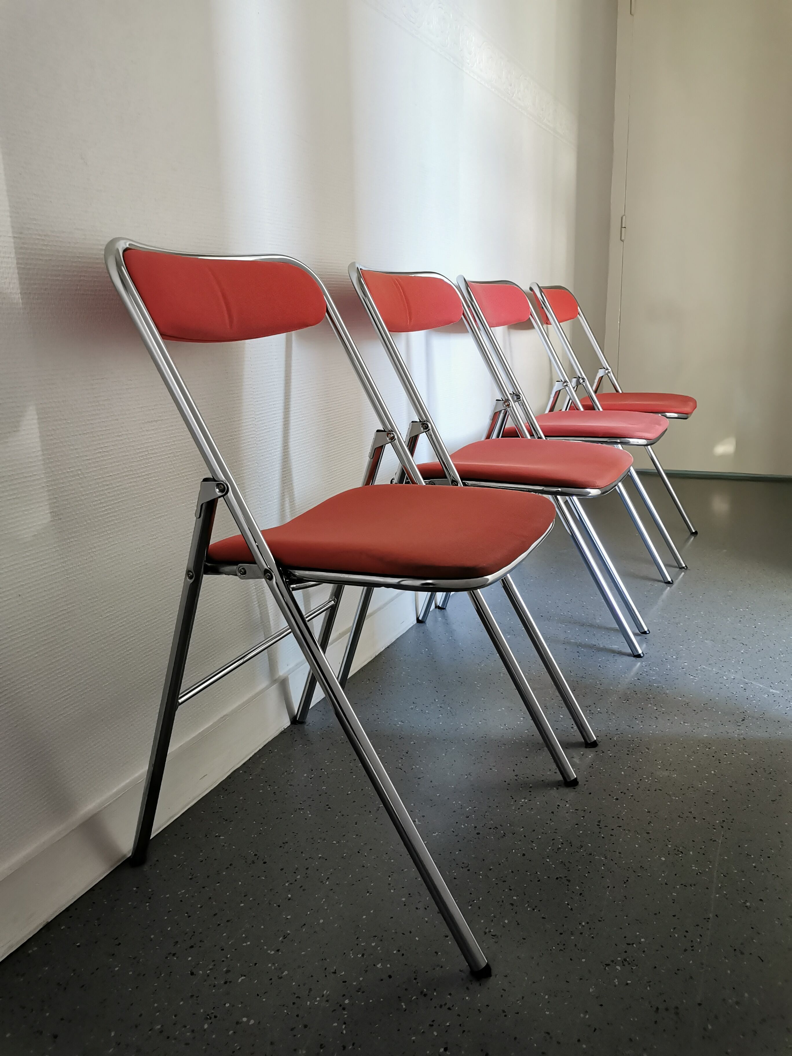 4 red and chrome folding chairs, Plichaise by Souvignet, France, 1970