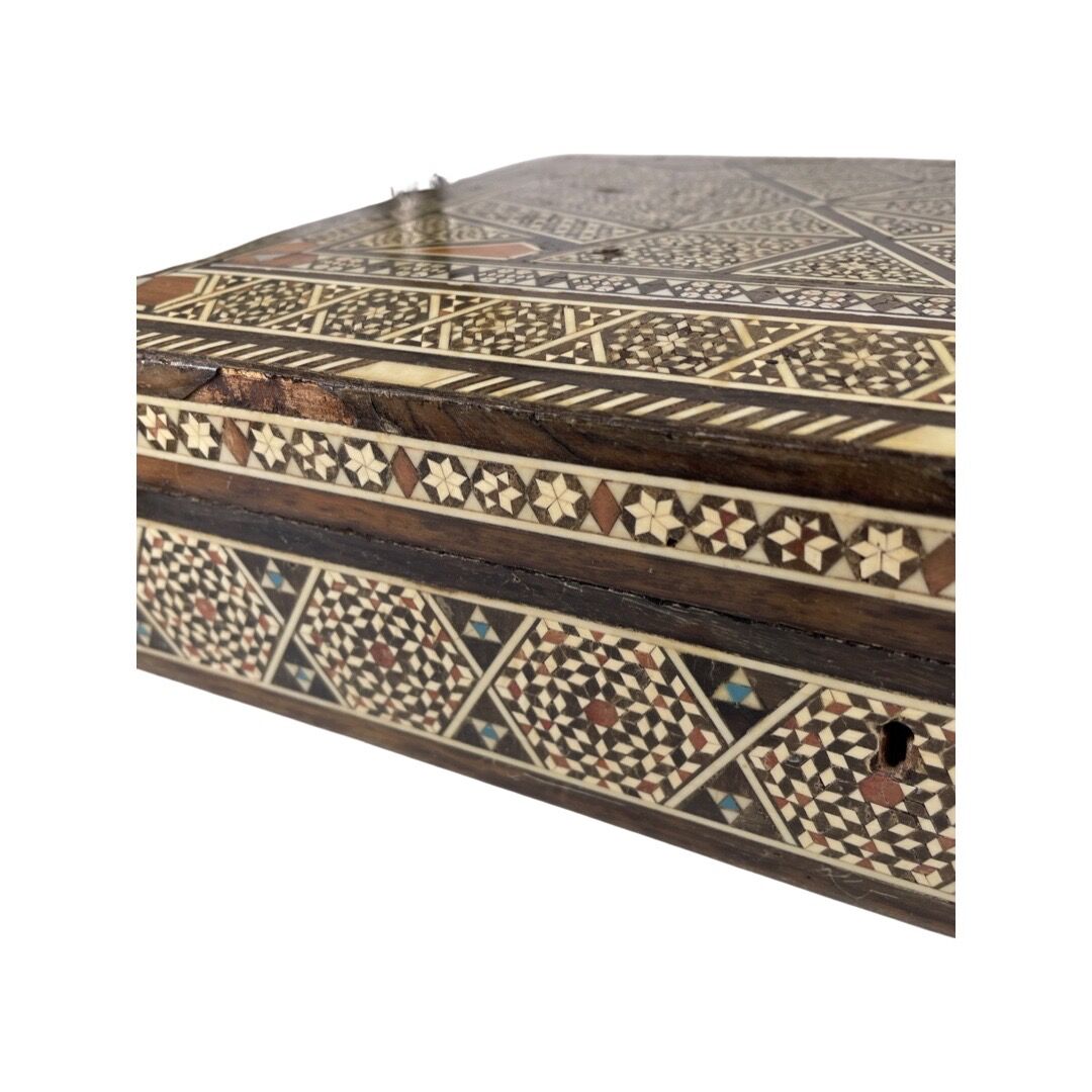 Large Persian marquetry box inlaid with its key