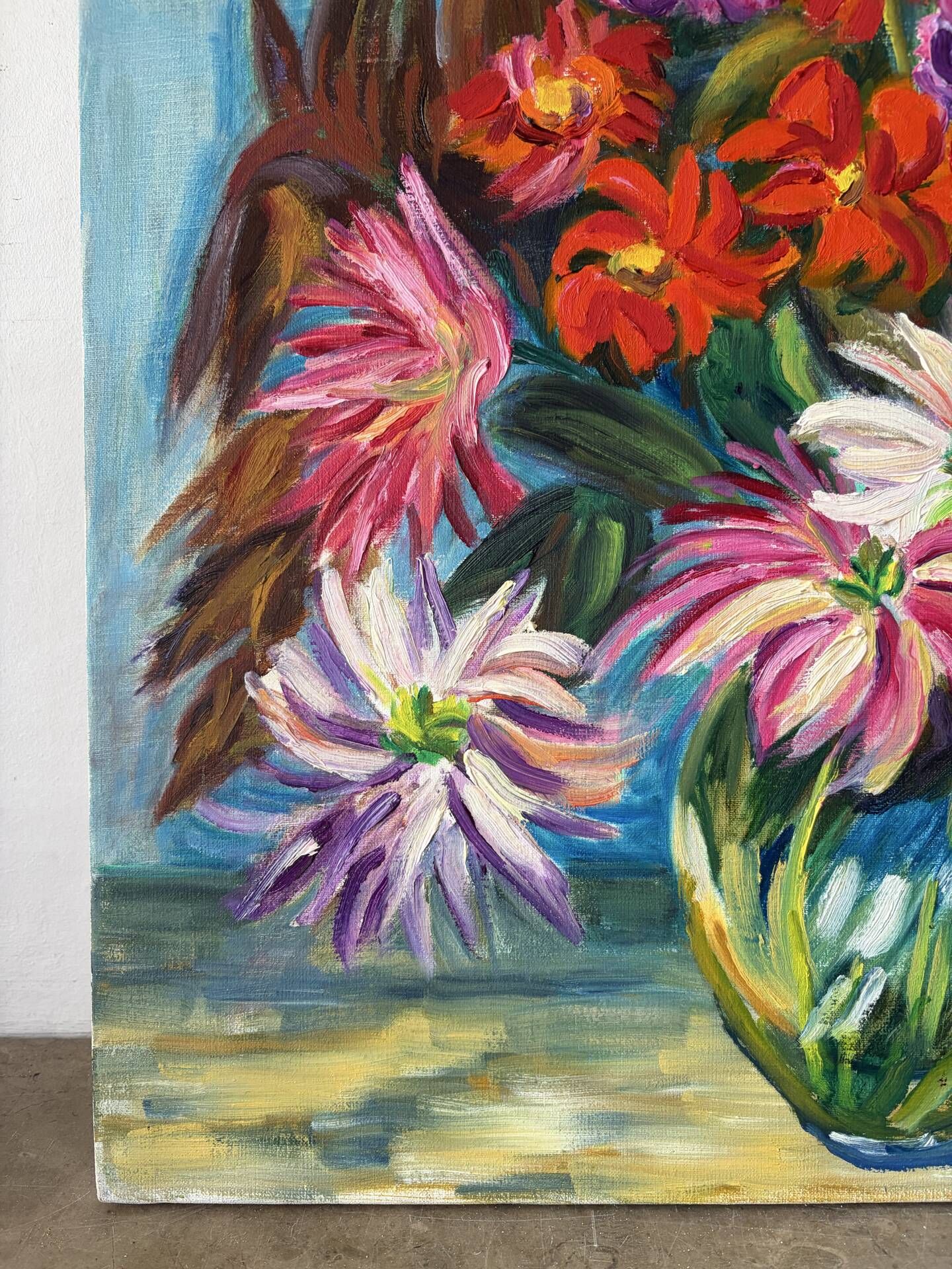 Dahlias and Zinnias, oil on canvas signed Gisèle Renaut