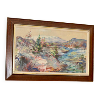 Peinture à l'huile suédoise du milieu du siècle « Paysage abstrait » – Vintage et encadrée