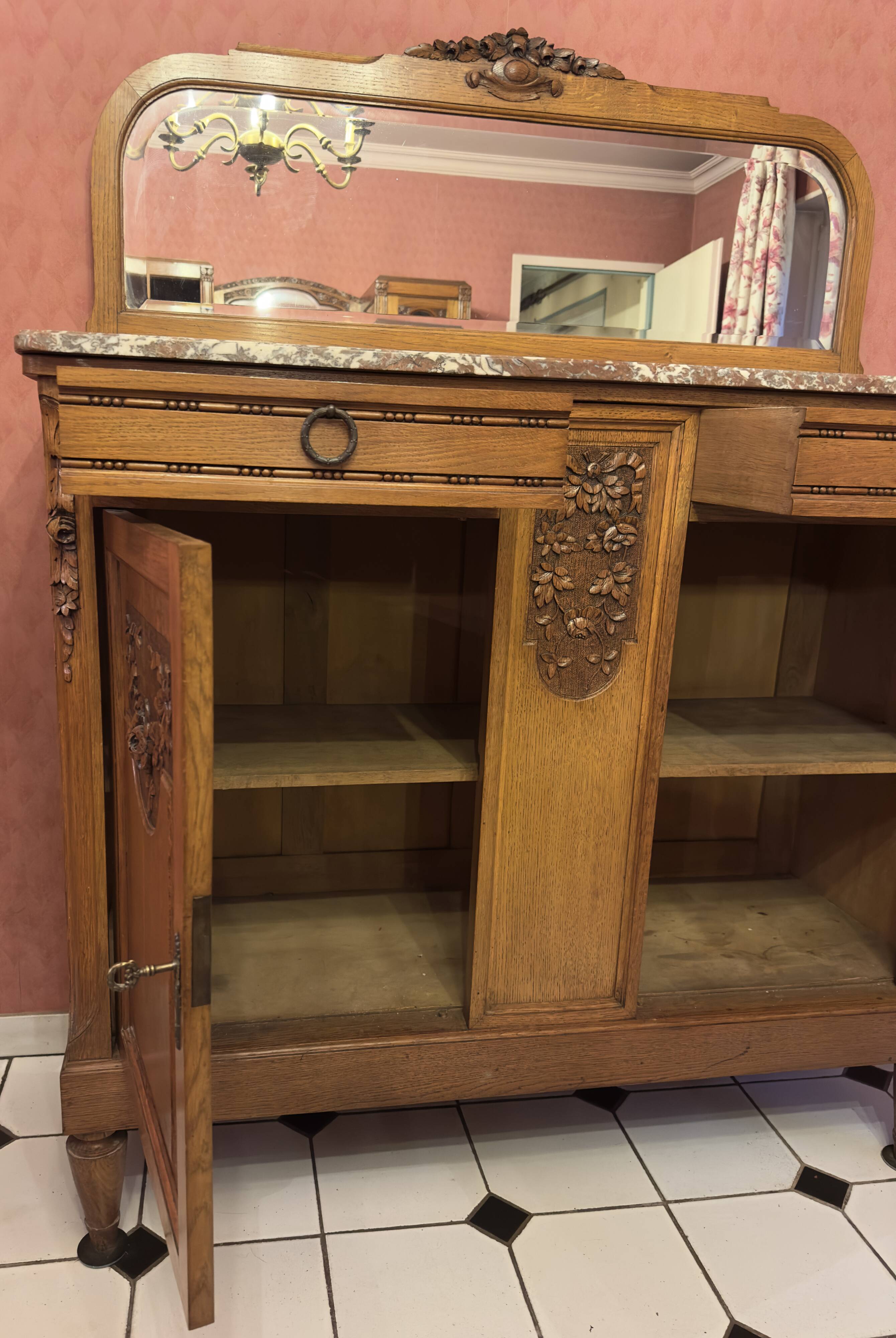 Art Deco solid wood sideboard with mirror and marble top