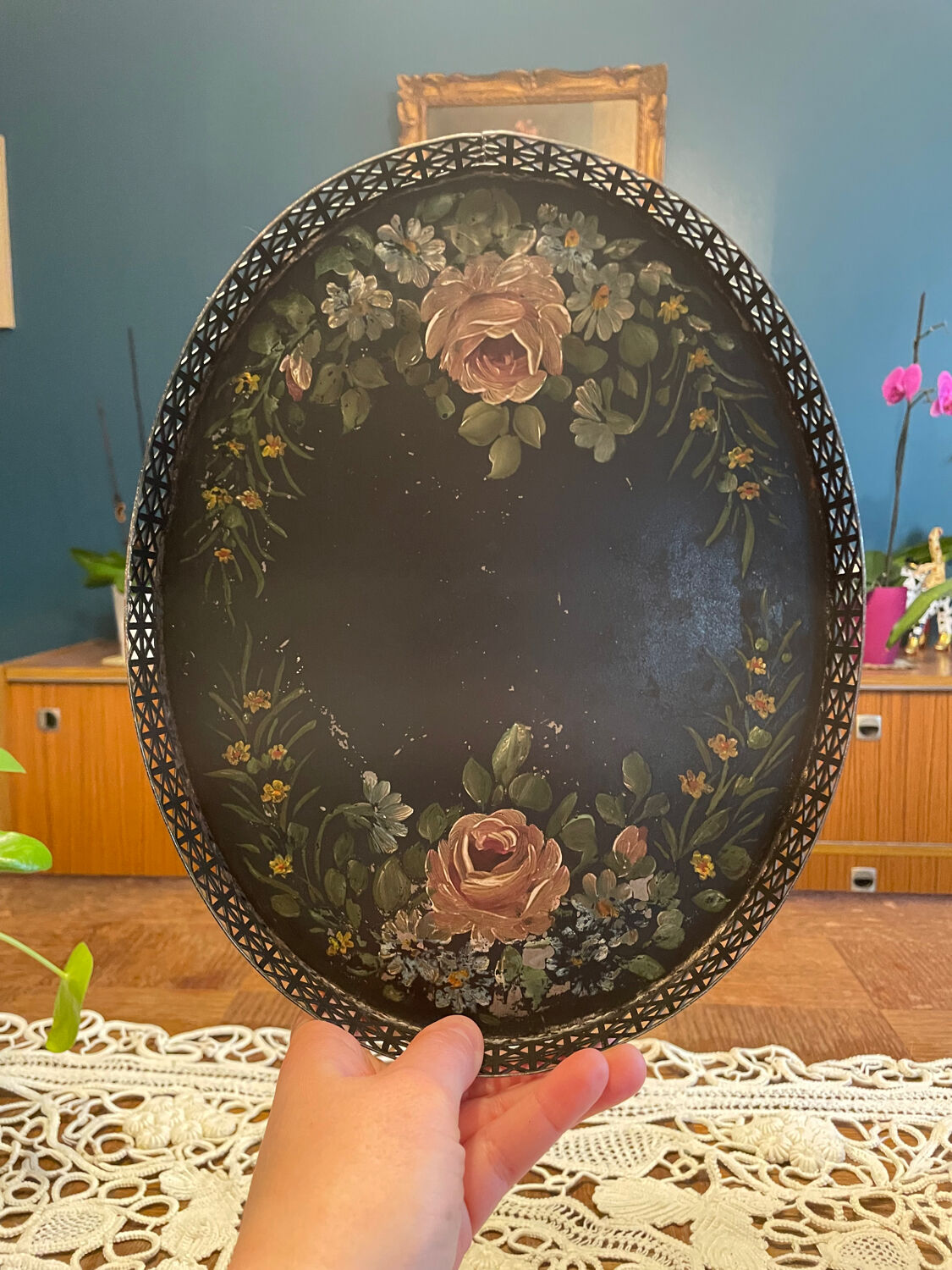 Oval painted tin tray Napoleon III