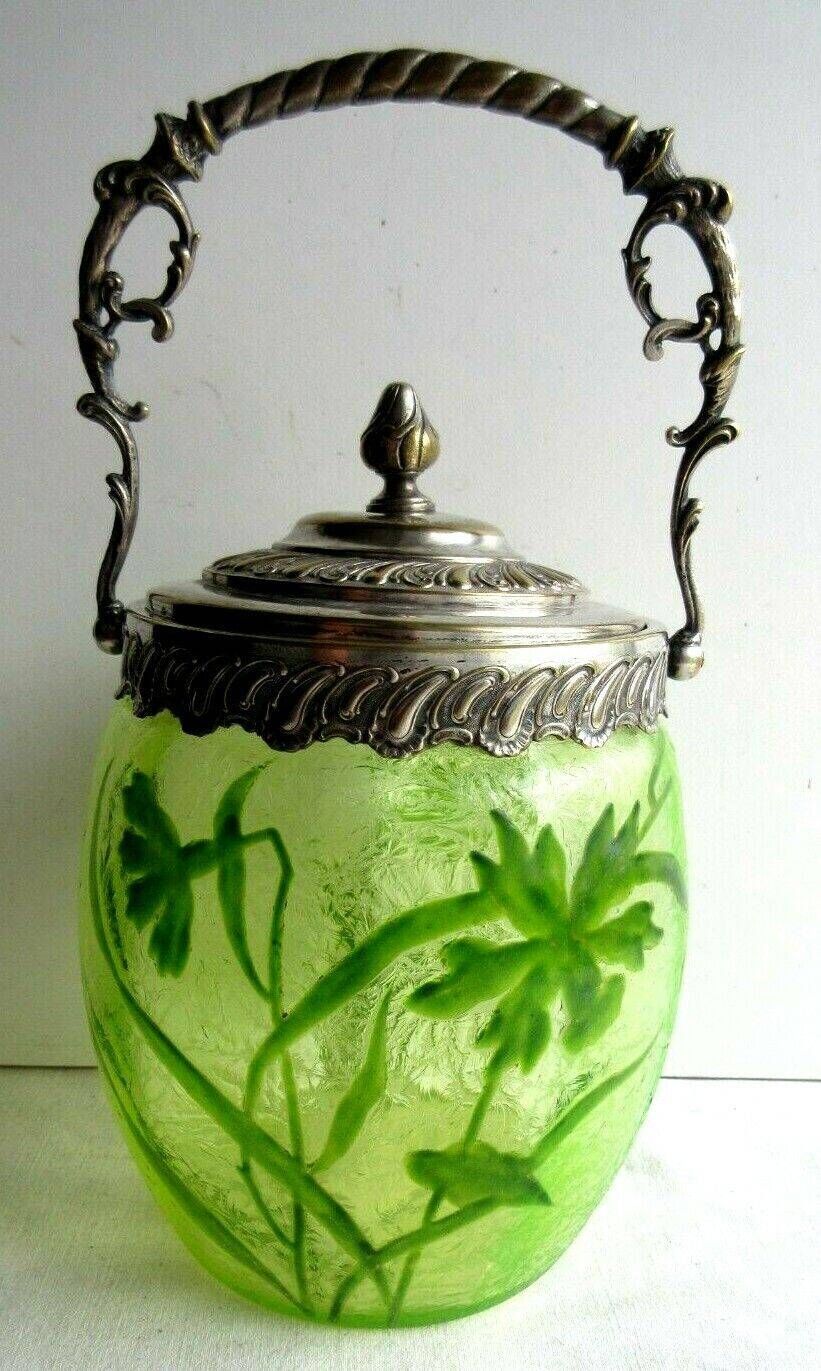 19th century biscuit bucket, legras enameled glass, acid-free eyelets, signed wmfm