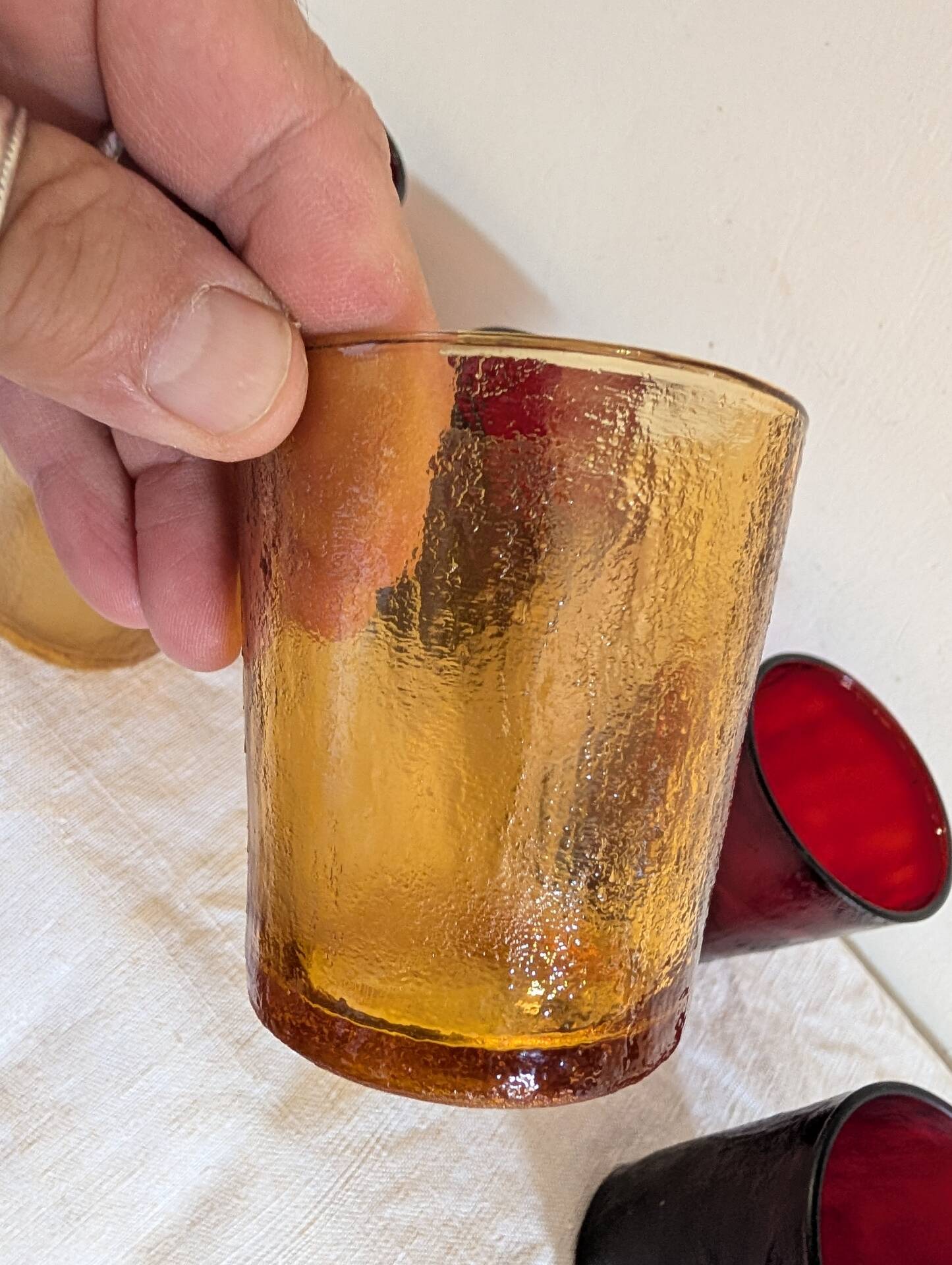 6 vintage glasses Lever France amber and ruby from the 1970s