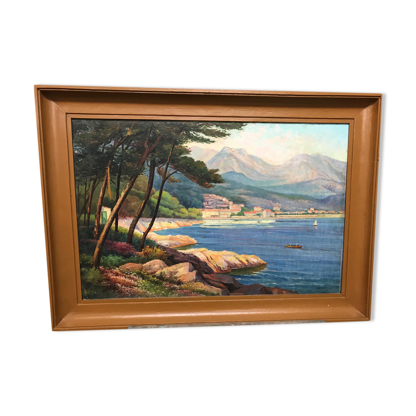MANANT JEAN BAPTISTE OIL PAINTING SIGNED. SMALL MEDITERRANEAN PORT COTE D'AZUR