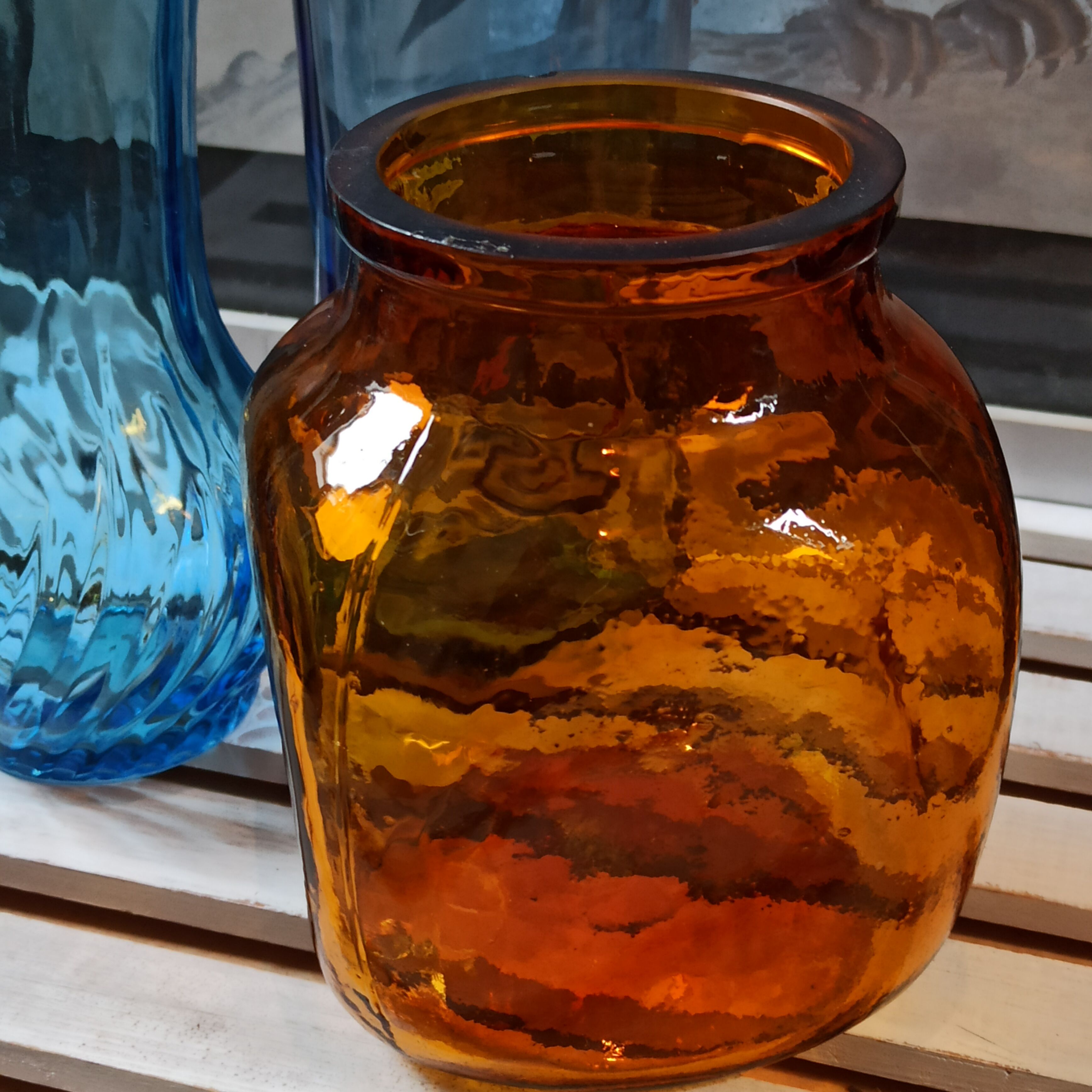 Trio vintage vase bottle and jar in amber and blue glass