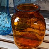 Trio vintage vase bottle and jar in amber and blue glass