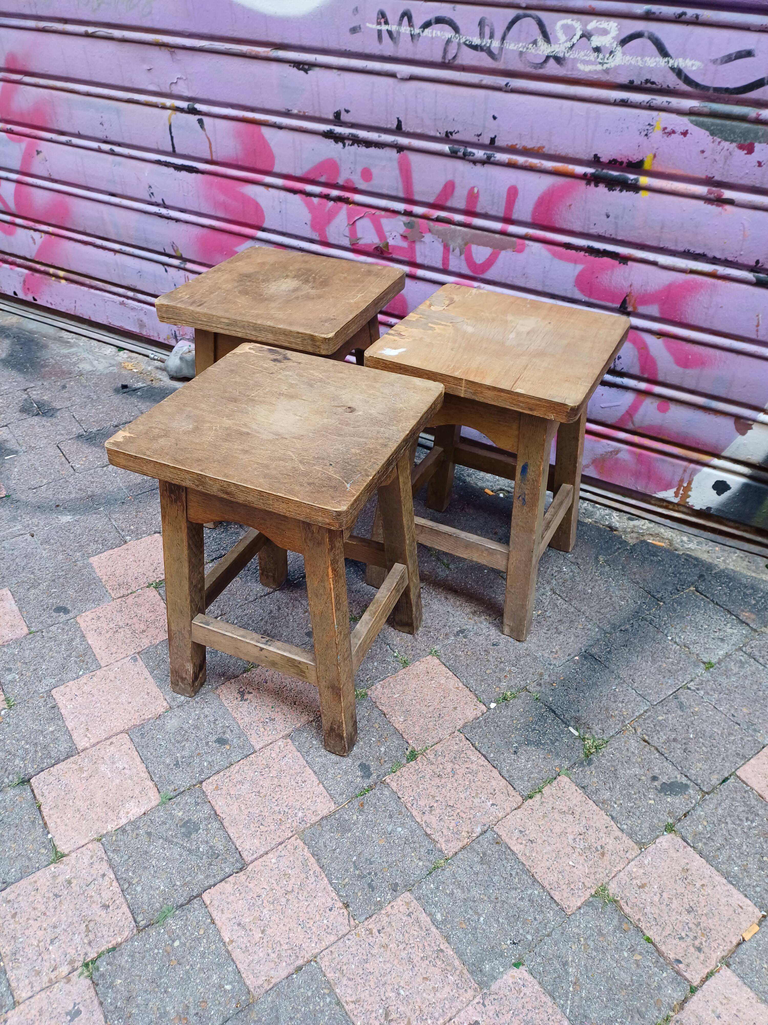 3 vintage square wooden stools