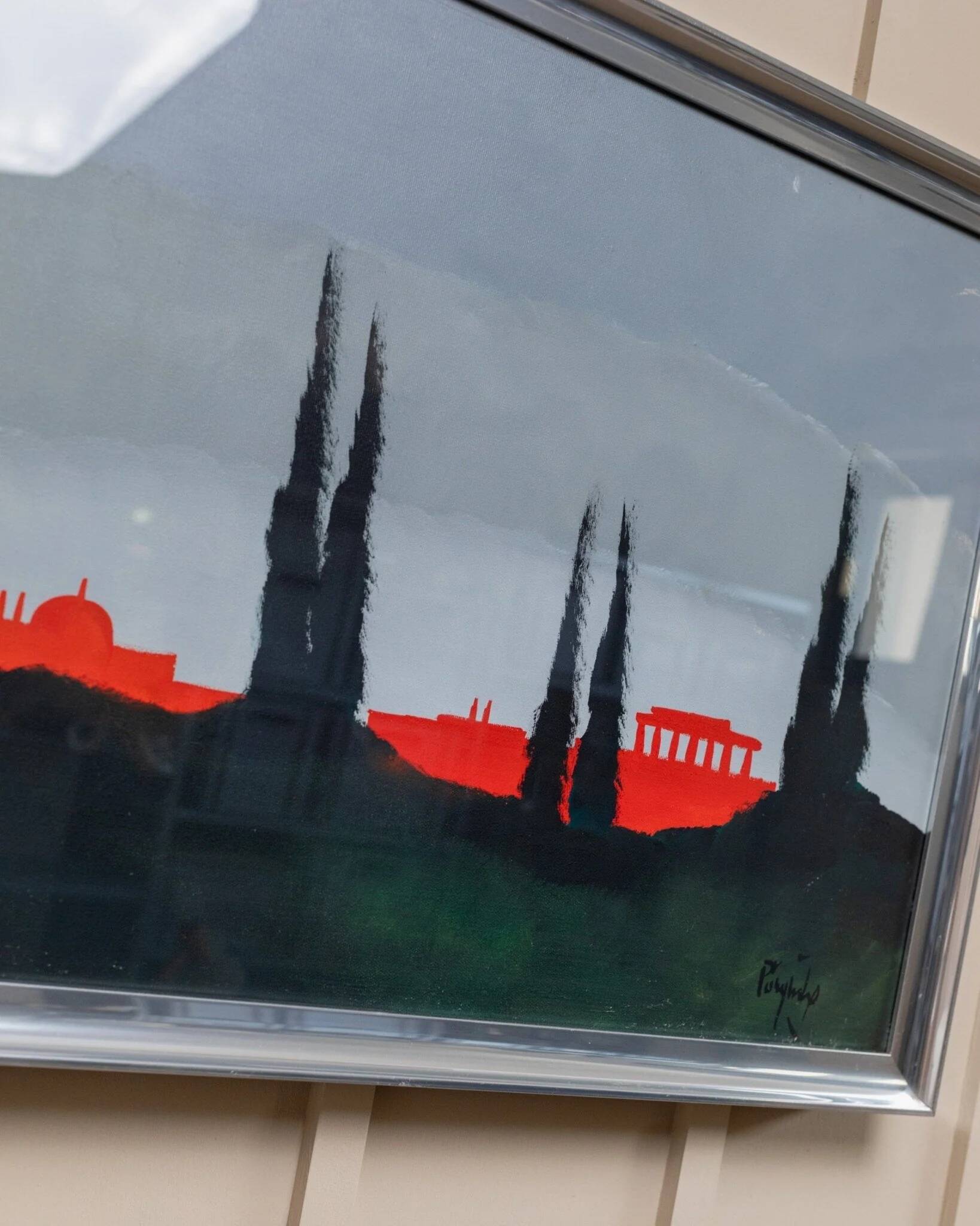 Peinture acrylique bleue sur toile par Vittorio Postiglione - skyline de Rome, cadre argenté, vintage des années 1980.