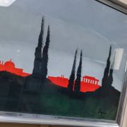 Blue acrylic on canvas painting by Vittorio Postiglione - Rome skyline, silver frame, vintage 1980s