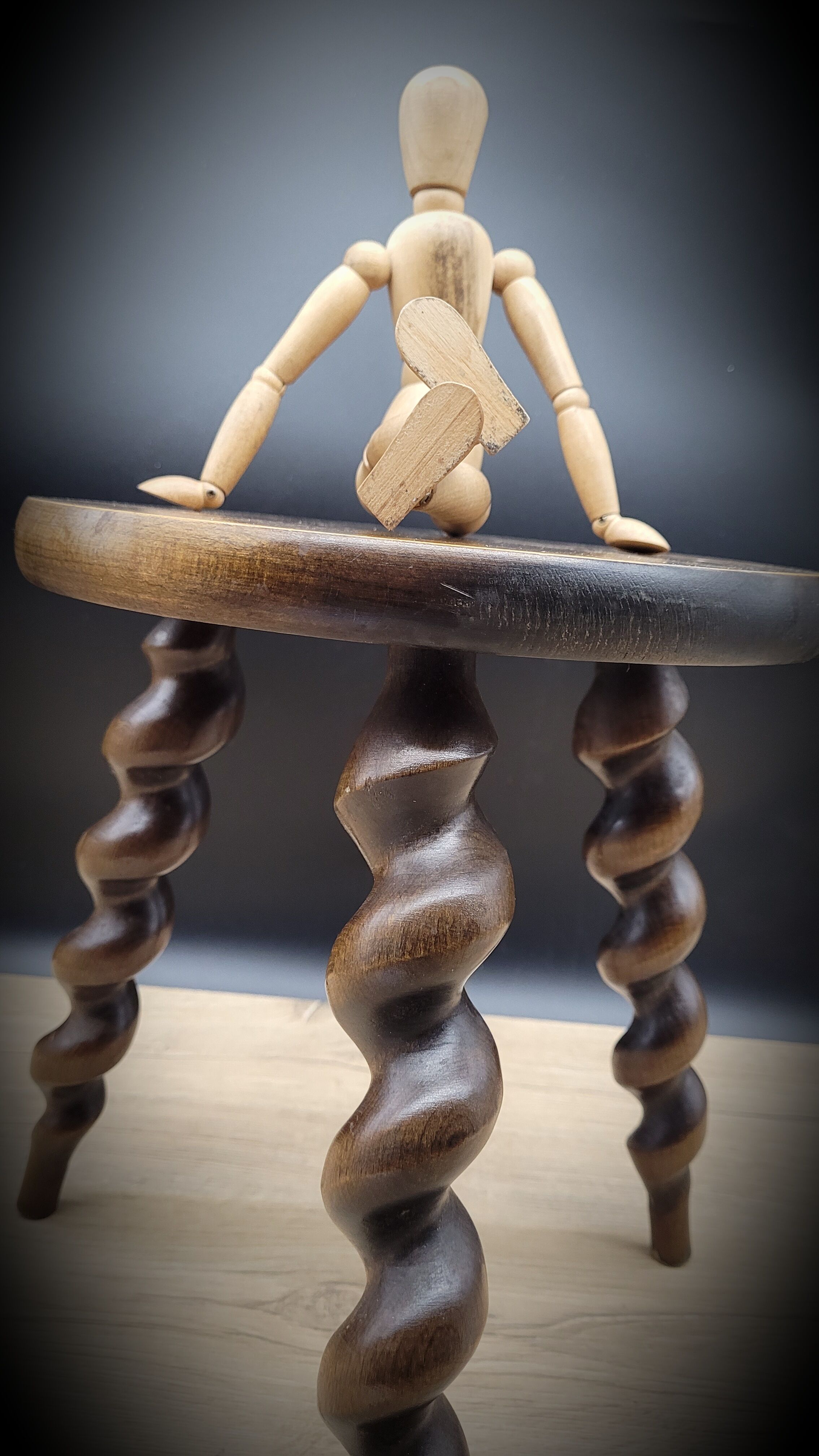 Turned wood tripod stool