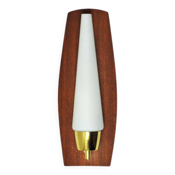 Scandinavian Modern Danish Wall Light in Teak, Brass and Opaline Glass, 1960s
