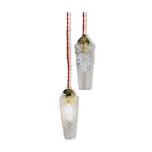 Duo de suspensions ancien en verre ciselé transparent