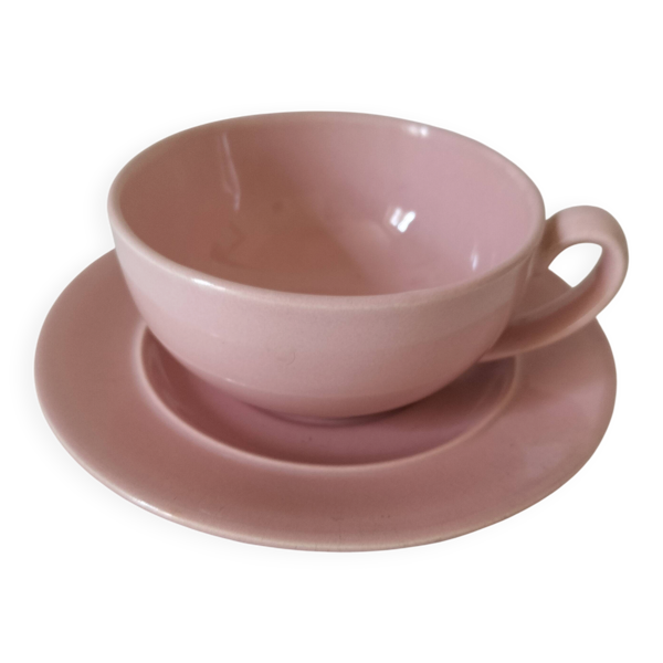 Tasse et soucoupe Salins France en faïence rose poudré – années 50-60