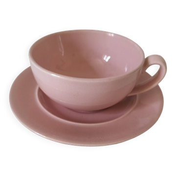 Cup and saucer Salins France in powdered pink earthenware – 1950s-60s