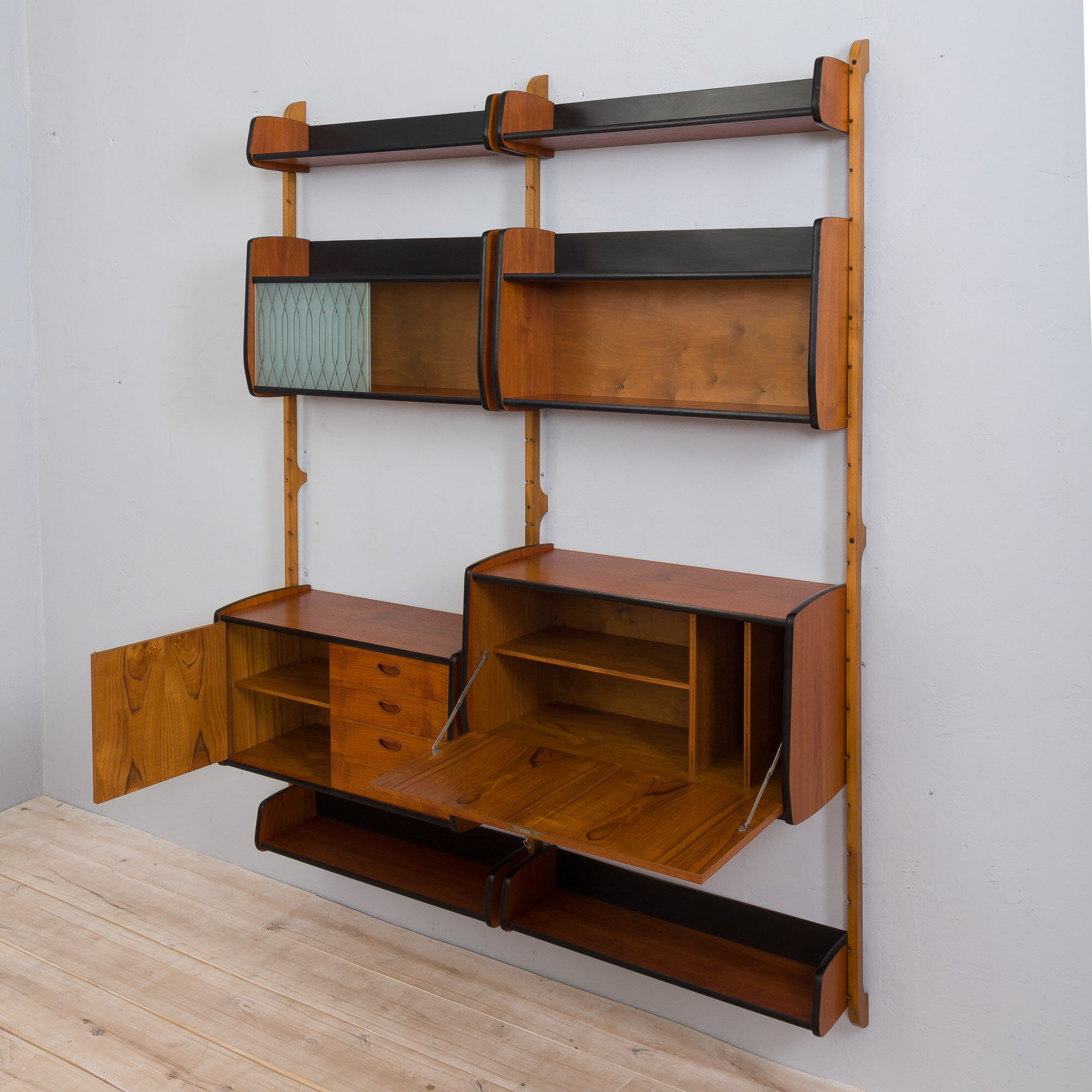Two bay Teak Ergo Modular Wall Unit with 4 Shelves & 4 Cabinets by John Texmon for Blindheim Møbelfa
