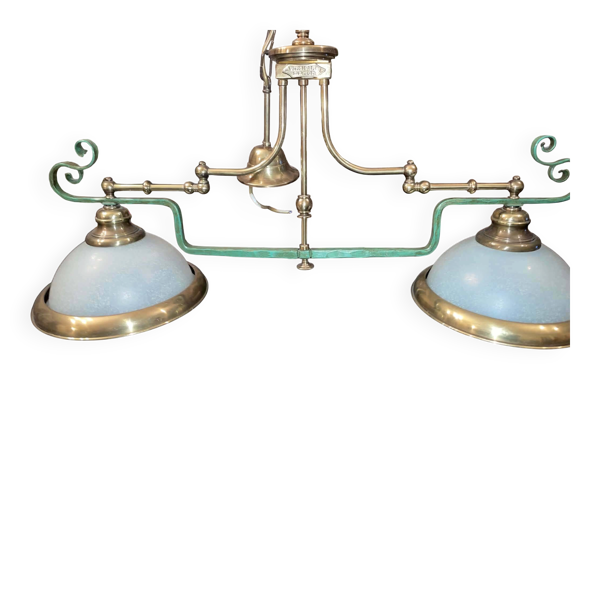 ​Lustre Billard Art Déco / Industriel Ancien - Laiton et Opaline ''Virginia