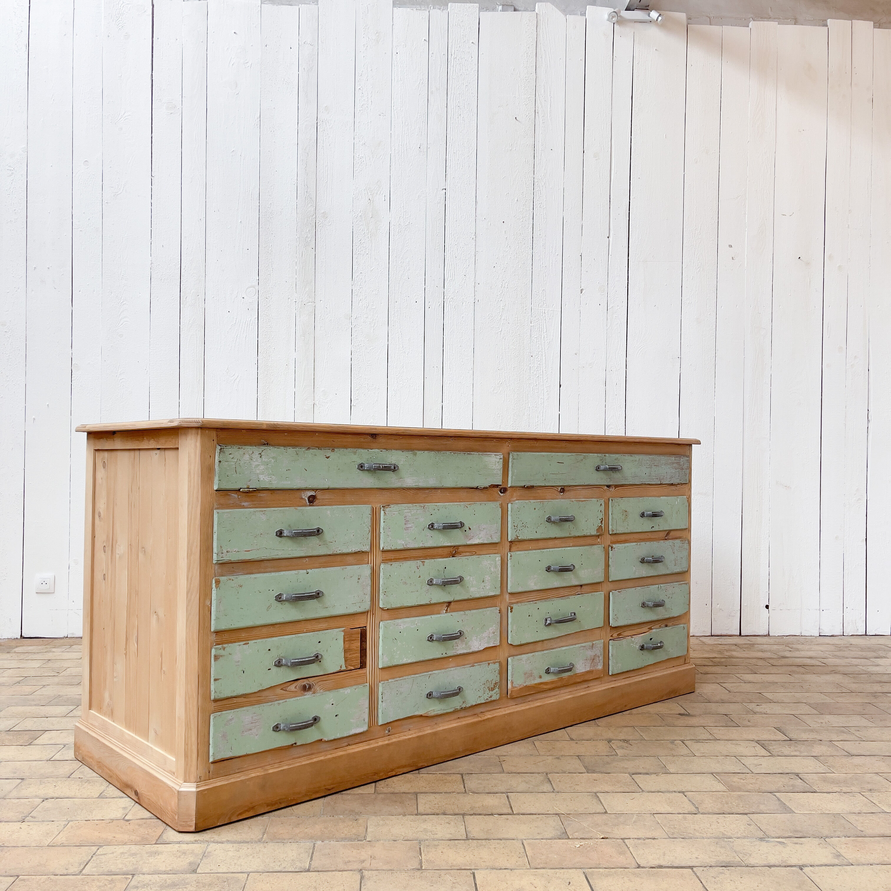 Old wooden display case with drawers, 1950