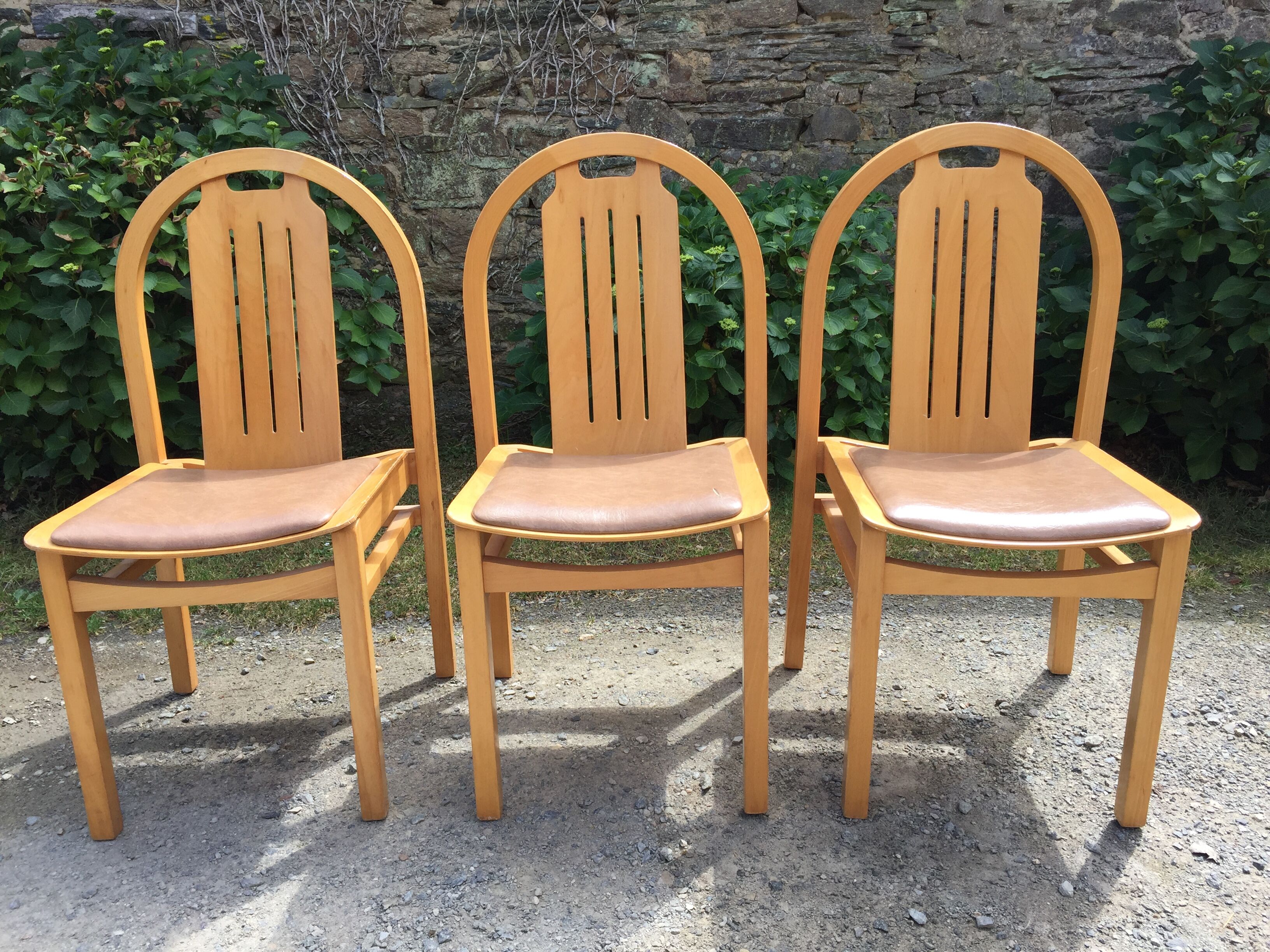 Vintage Baumann chairs in beech, seats in beige brown Skaï, series of 6.