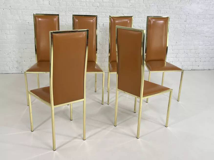 Set of 6 brass and leather chairs, Italian design from the 70s