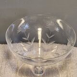 3 antique champagne coupes in engraved crystal with large daisies.
