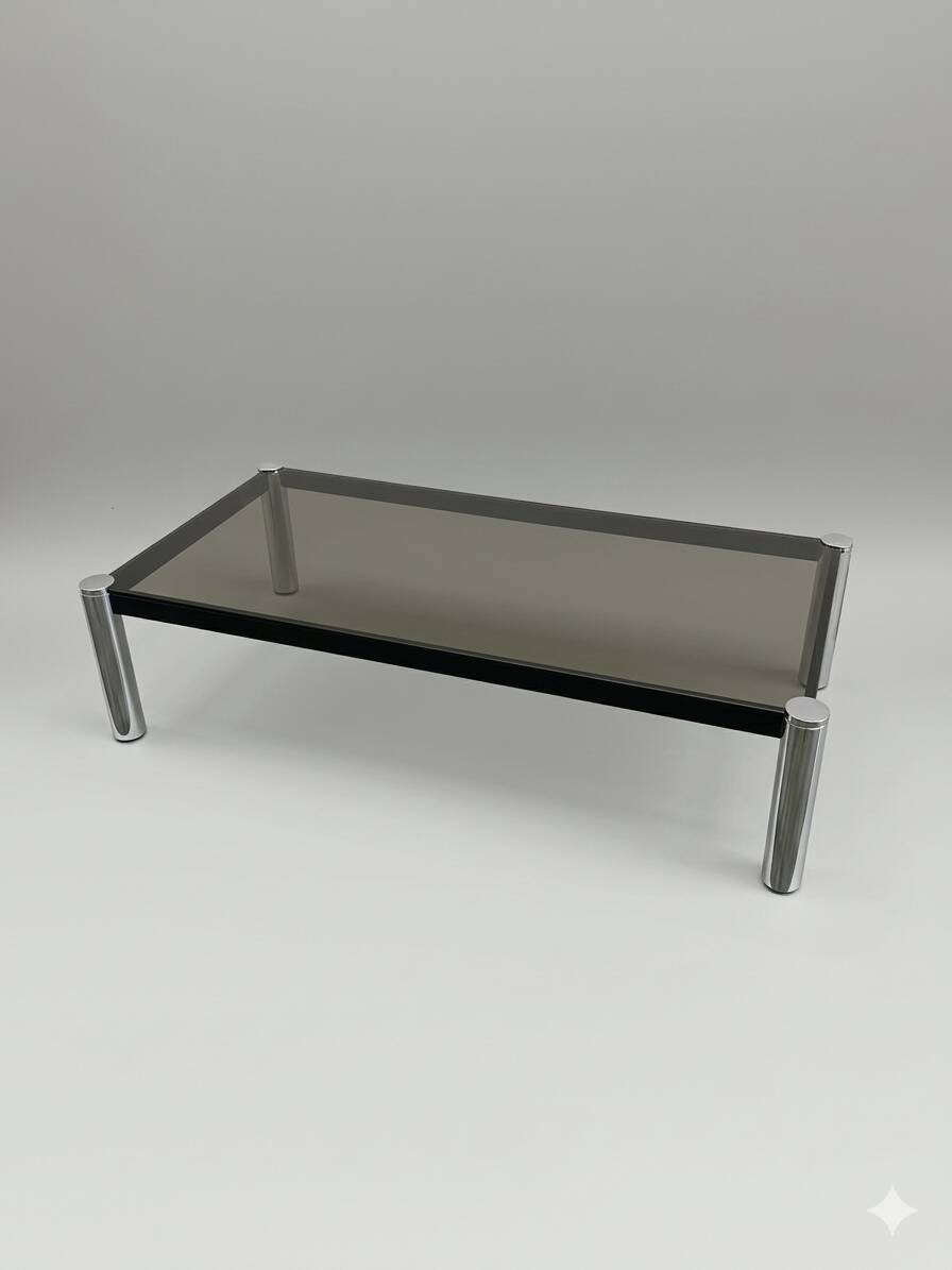 Large smoked glass and chrome coffee table 120 cm – vintage design