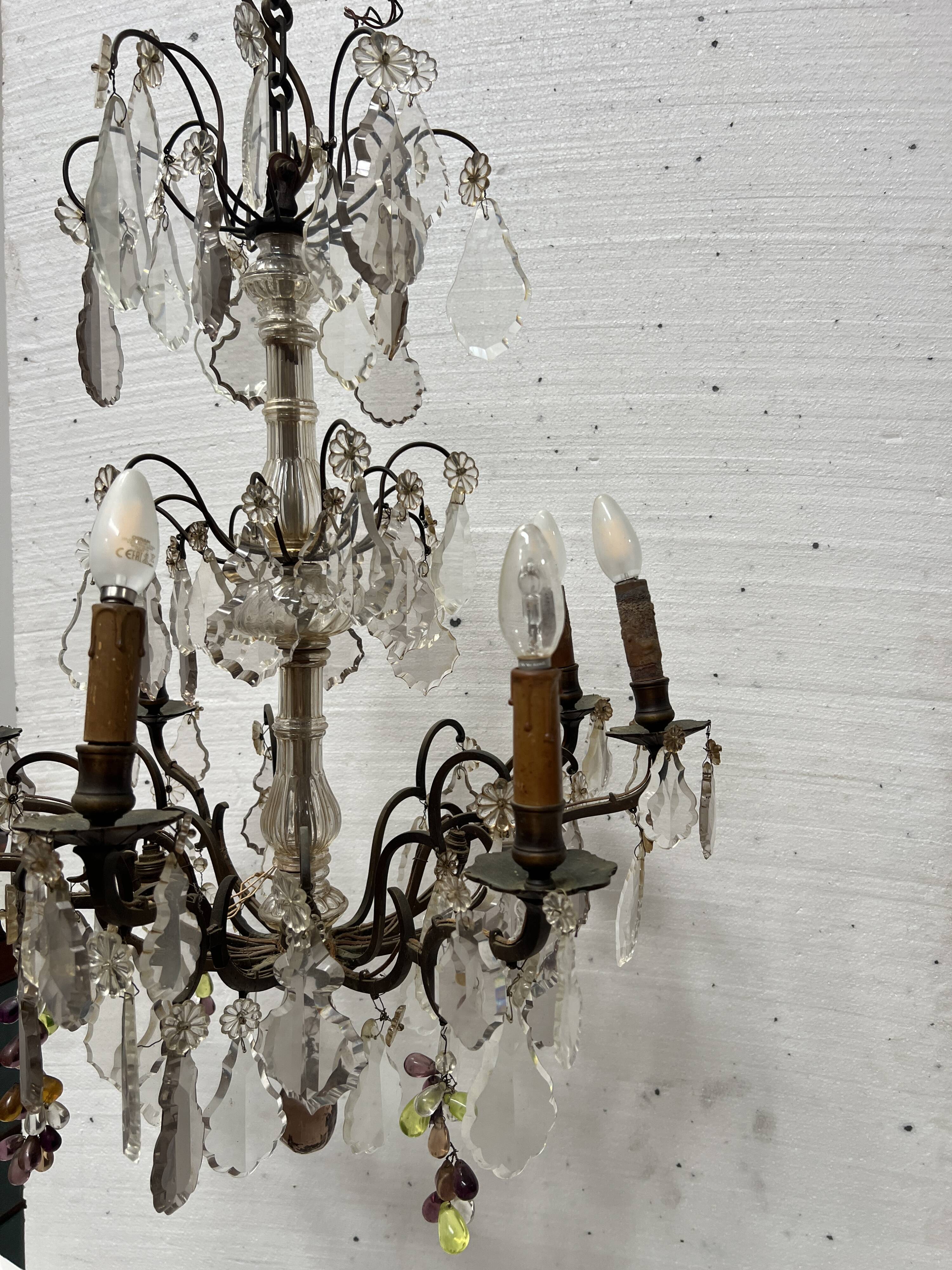 Louis XV style chandelier with pendants and colored glass fruits, 20th century