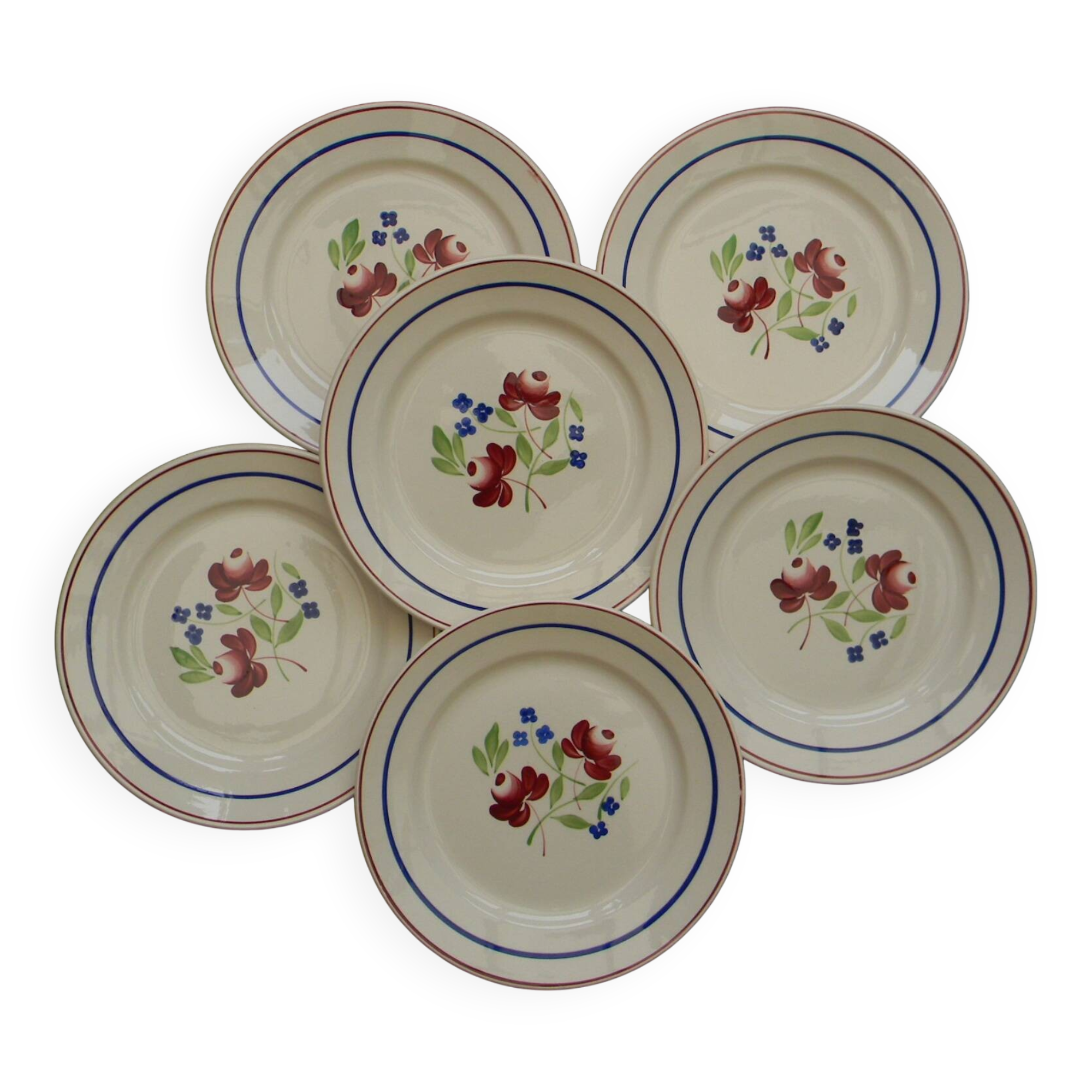 Set of 6 Luneville earthenware dessert plates. Bagatelle model.