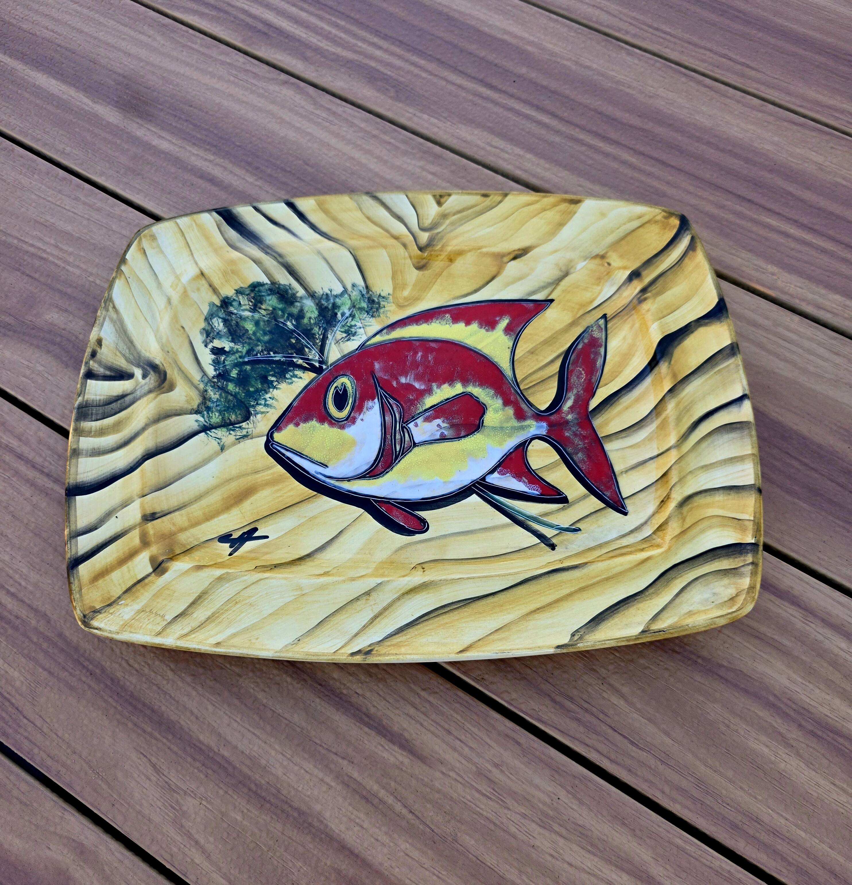 Large Wall Plate signed Vintage Vallauris – Bark & Fish Decor – 38