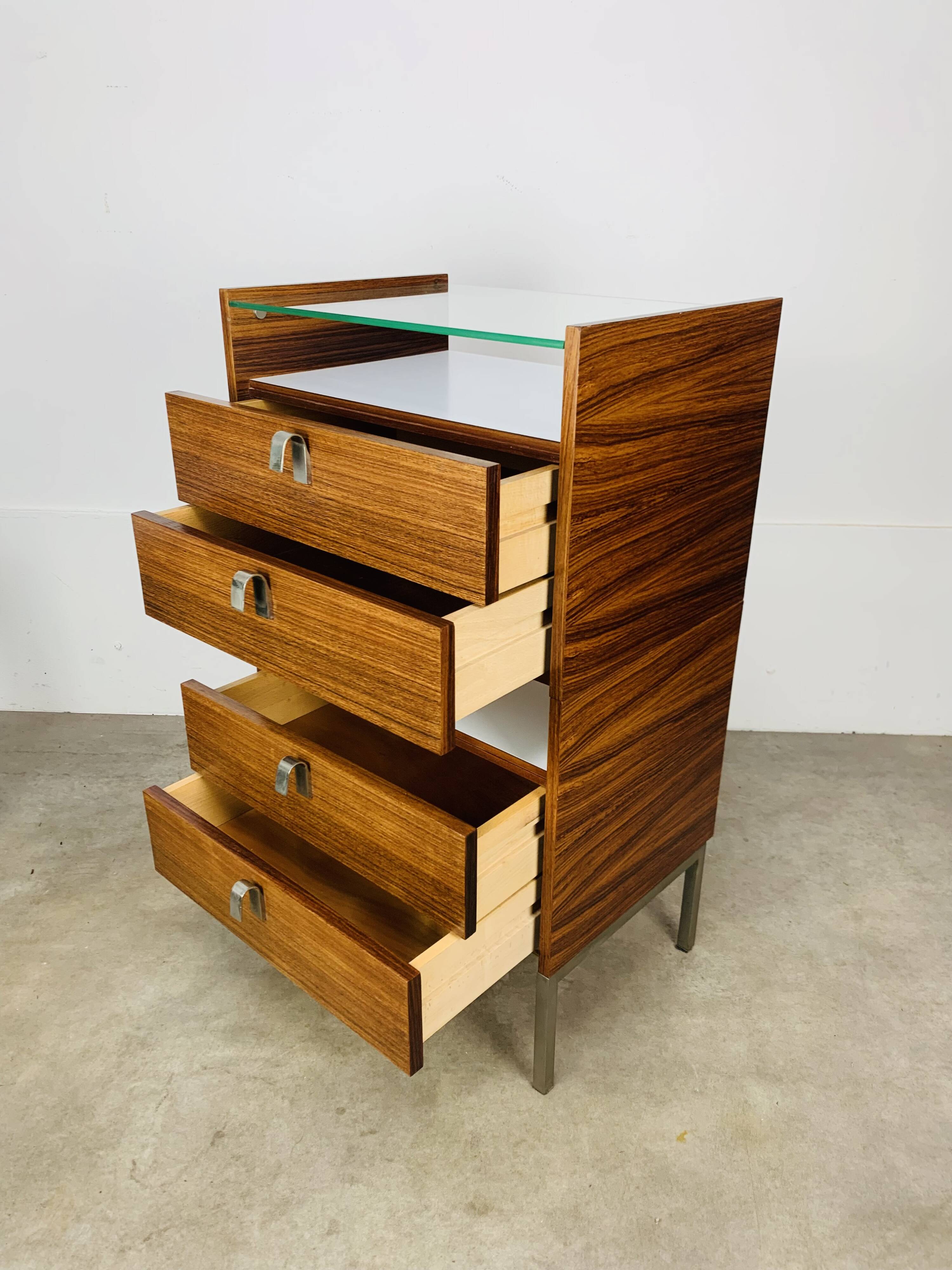 Rosewood and glass chest of drawers, 1960s, Scandinavian storage furniture.
