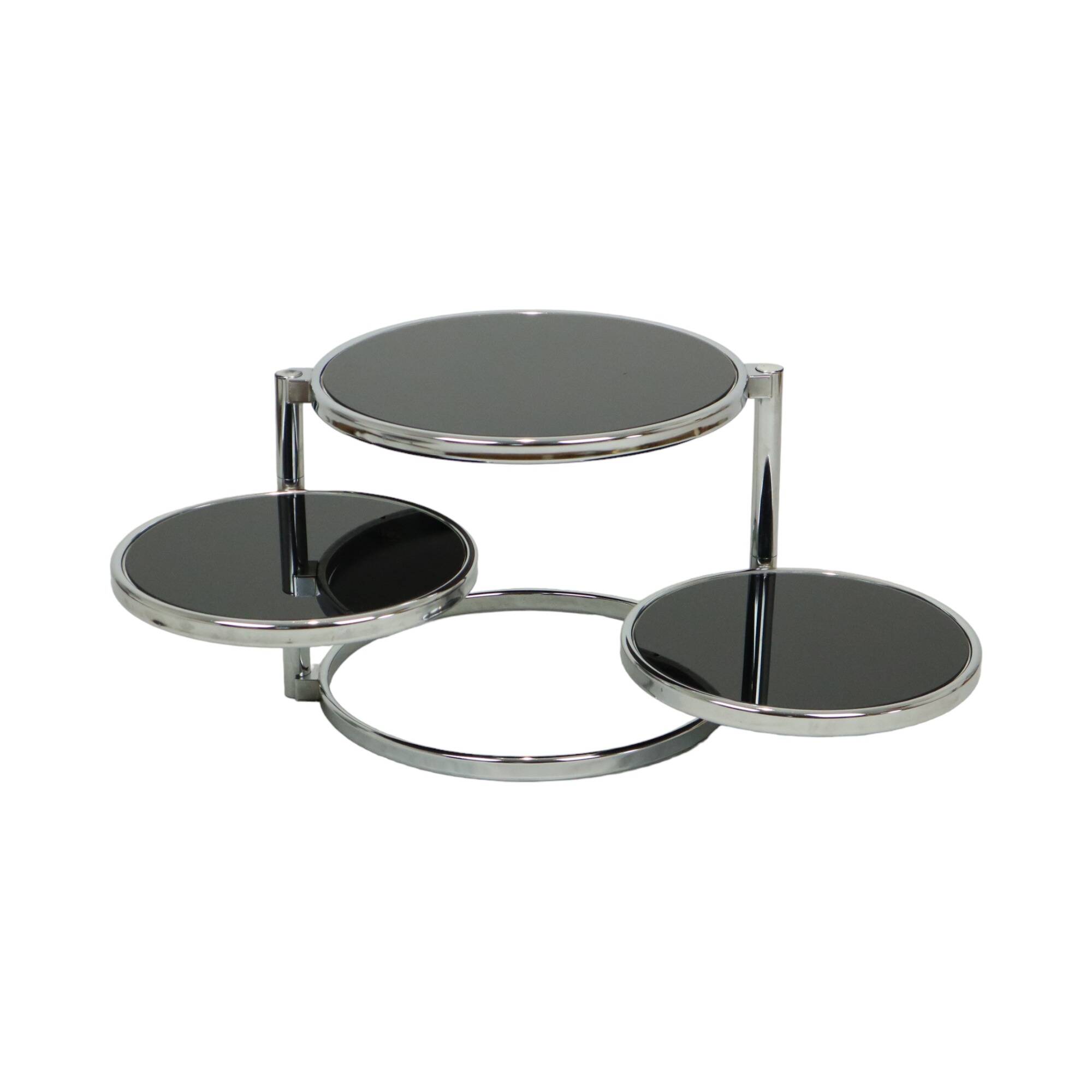 Round rotatable coffee table design black glass chrome 3 plateaus 1980s