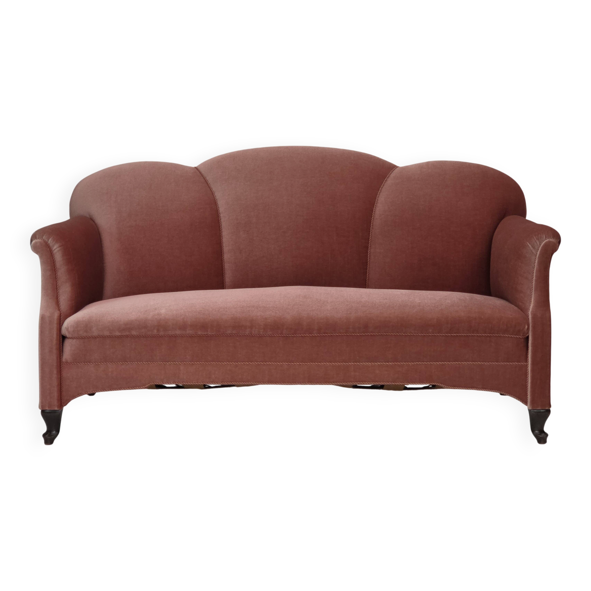 1950s, Danish 2-seater sofa, salmon pink furniture velour, oak wood legs.
